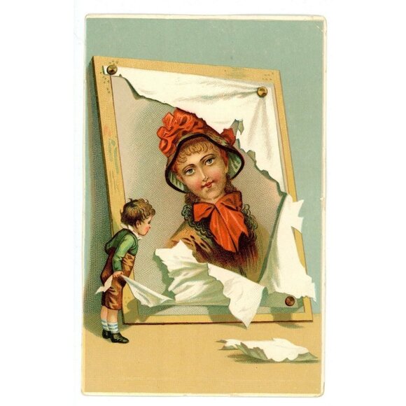 1880's Victorian Trade Card Tiny Cute Boy Opens Big Portrait Of Lovey Lady! - Picture 2 of 9
